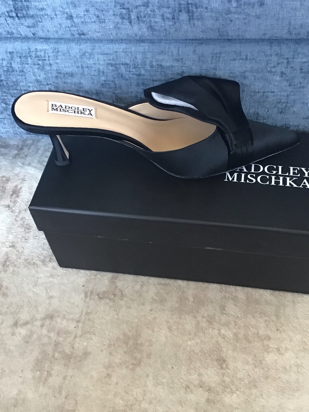 Badgley Mischka Alaya Black Satin Pointed Toe Slip-On Mules with Bow